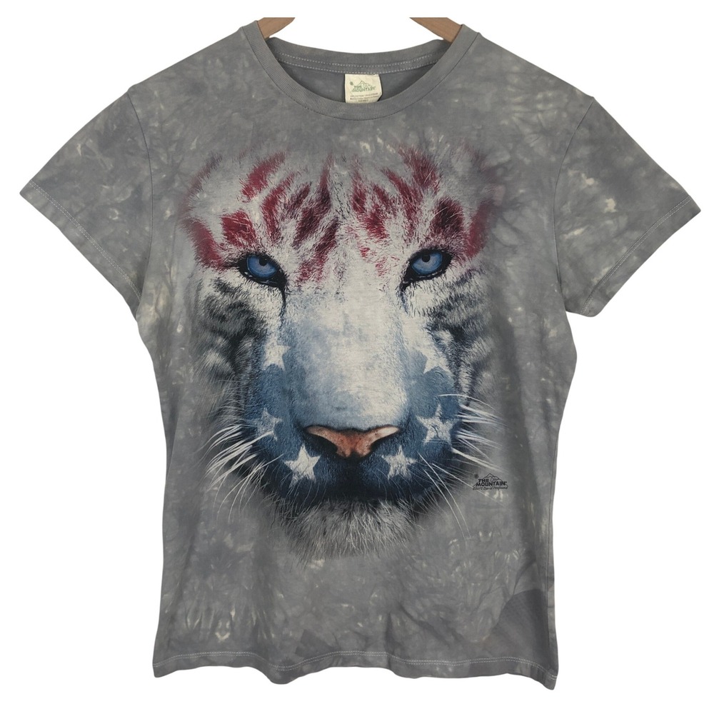 THE MOUNTAIN Patriotic White Tiger Tie Dye Graphic T-Shirt Women's M Grey S/S